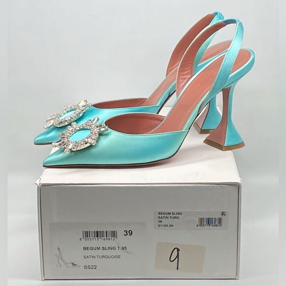 Amina Muaddi Begum Embellished Satin Slingback Pumps size 39 - Picture 12 of 14